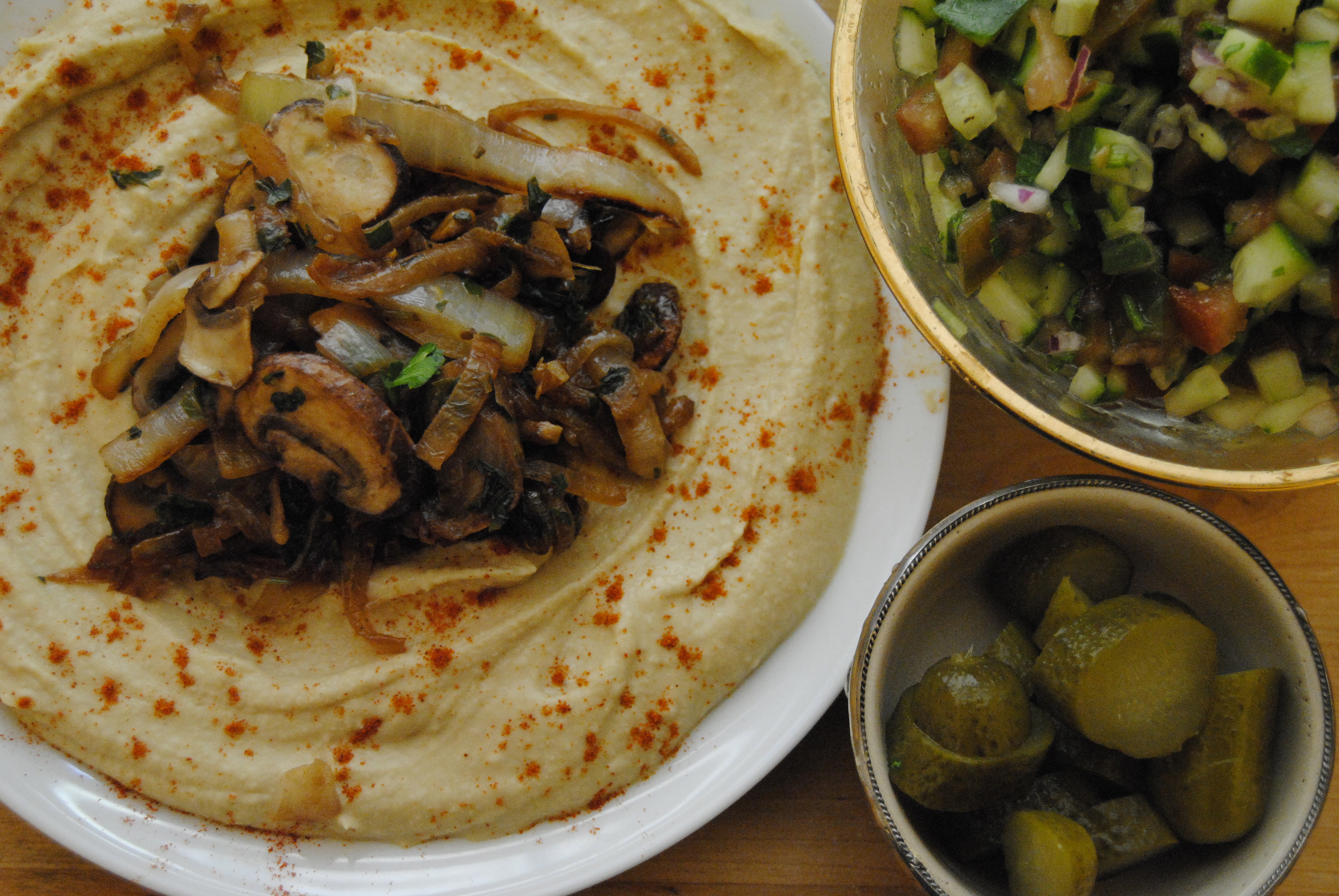 Hummus With Mushrooms Onion And Israeli Salad My